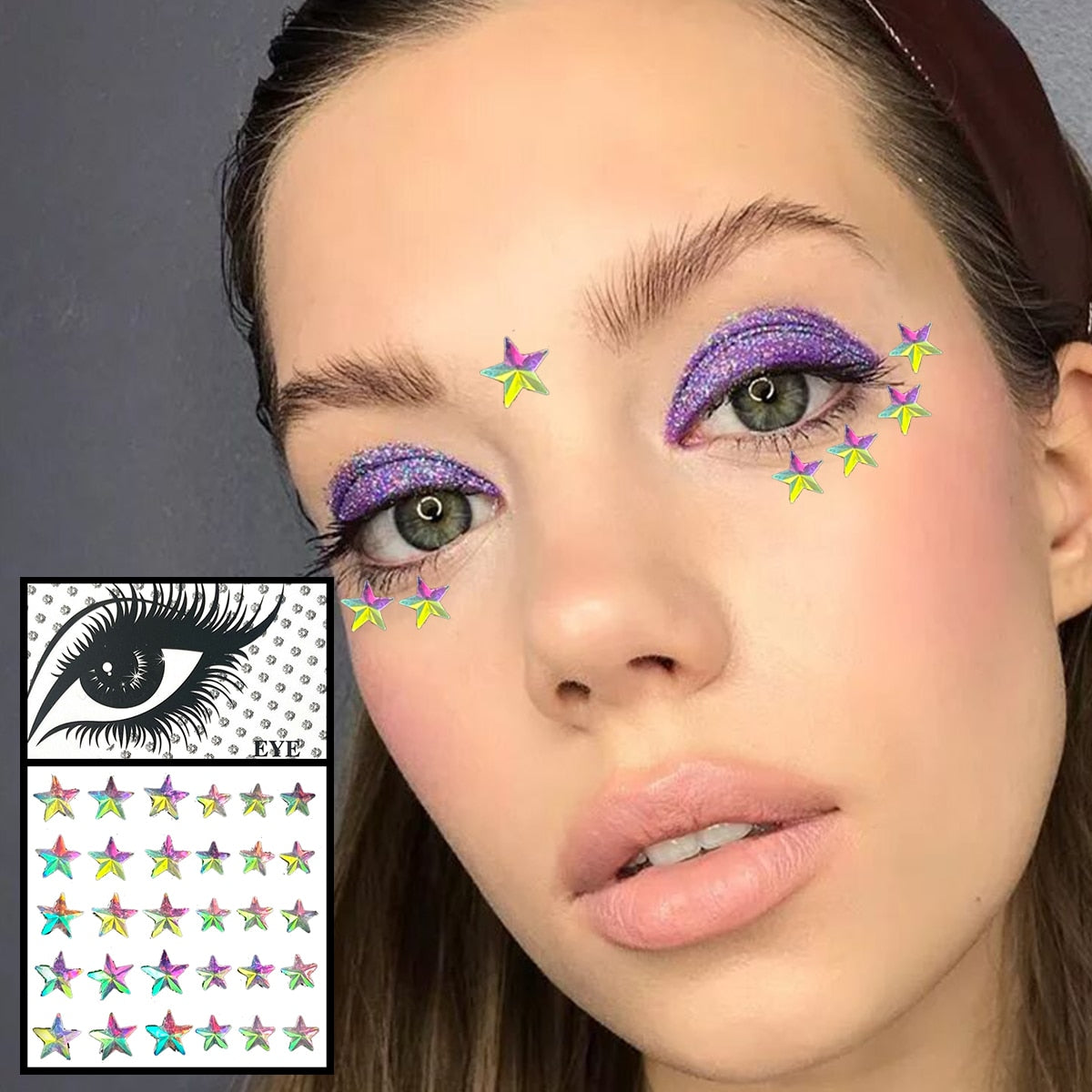 Pink Flower Star Heart Face Gems Temporary Tattoos Eyes Eyebrow Diamonds Jewels Sticker Glitter Crystals Jewelry Halloween Rave