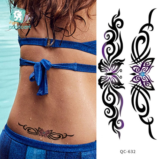 Waterproof Temporary Tattoo Sticker Hand Drawn Black and White Lotus Design Body Art Fake Tattoo Flash Tattoo Back Female Male