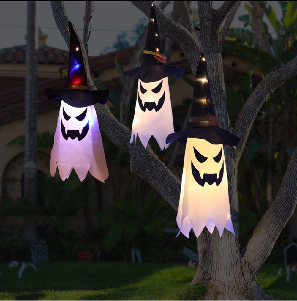 Horror Halloween LED Lights Hanging Ghost Halloween Party Decoration Scary Glowing Pumpkin Spider Lamp Outdoor Indoor Ornaments