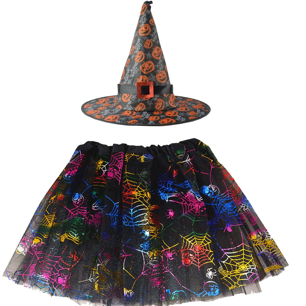 Halloween Costume for Kids Girls Spider Web Tutu Cobweb Skirt Witch Wizard Hat Tulle Carnival Birthday Party Outfits Festival