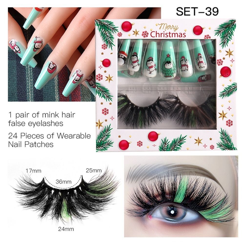 Extension Toools Colorful Fluffy Full Cover Press on Nails Christmas 3D Mink Hair False Eyelashes Nail Eyelashes Kit