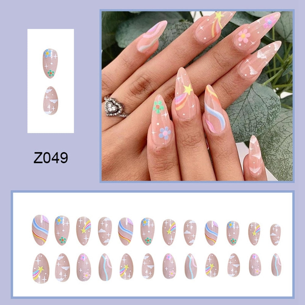 Simple French Wearable False Nails Almond Colorful Stripes Colorblock Design Manicure Fake Nails Line Full Cover Press On Nail