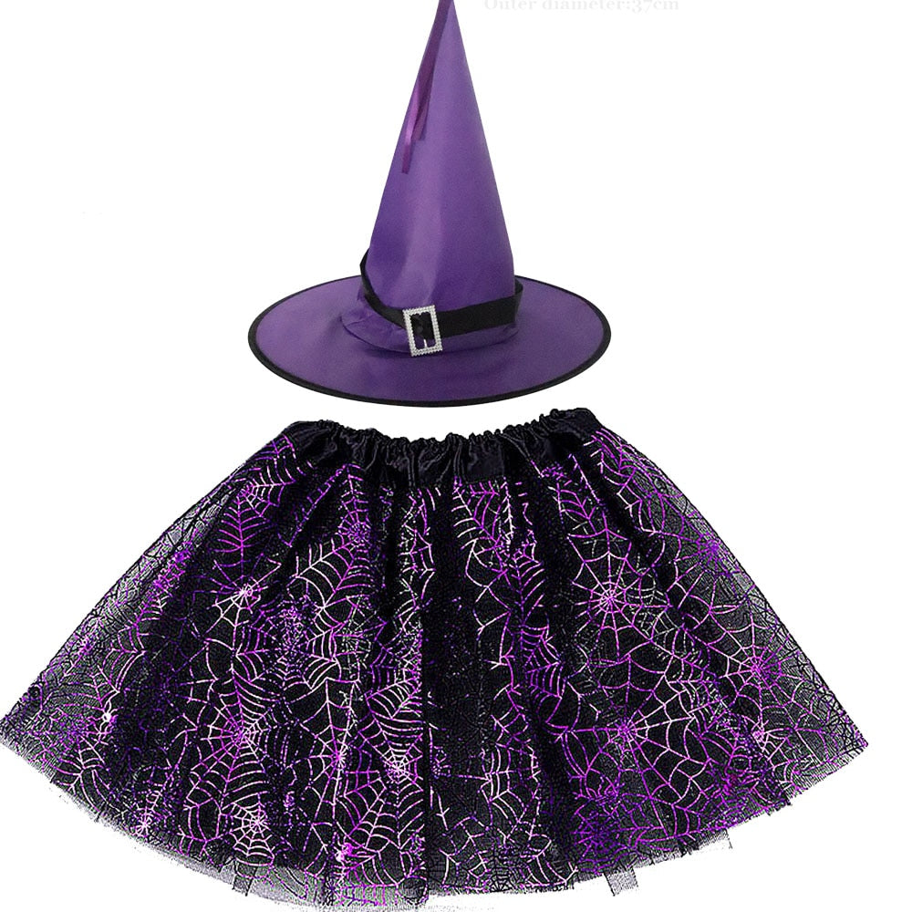 Halloween Costume for Kids Girls Spider Web Tutu Cobweb Skirt Witch Wizard Hat Tulle Carnival Birthday Party Outfits Festival