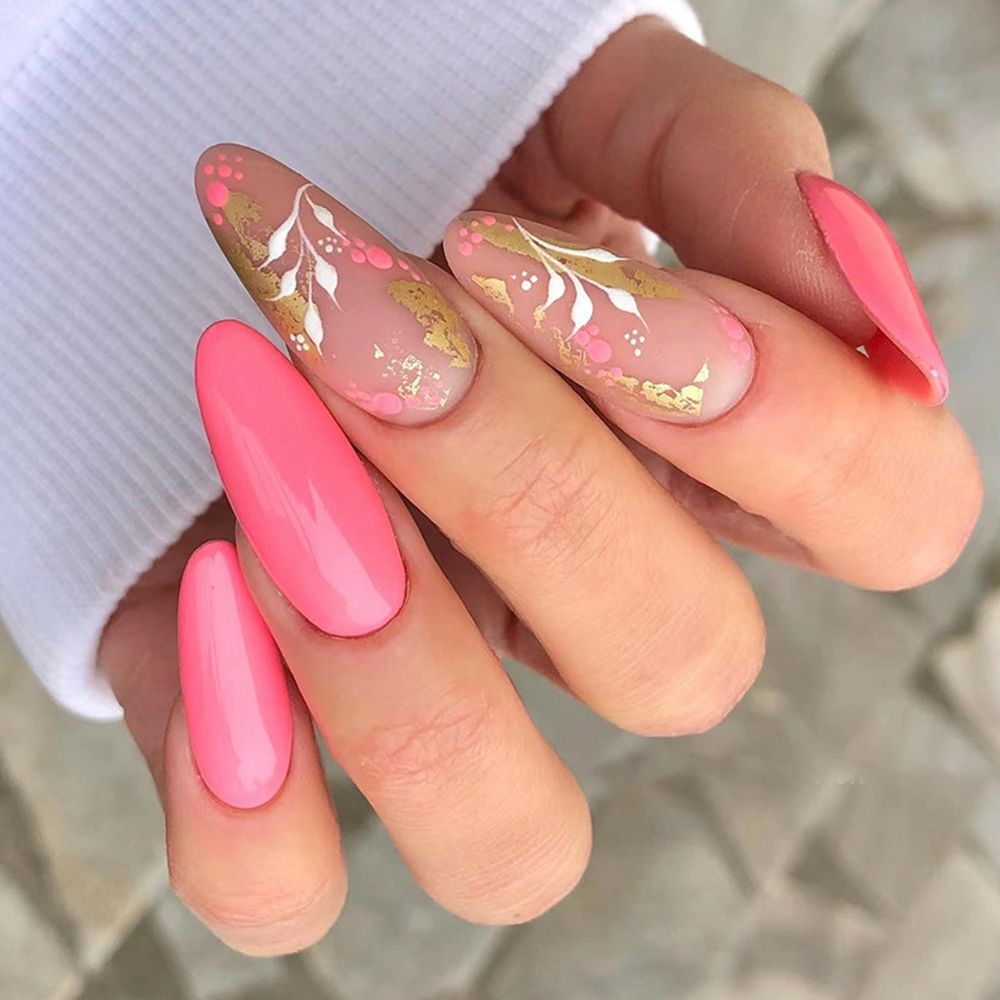 24Pcs Oval Head False Nails Pink Almond Artificial Fake Nails With Glue Full Cover Nail Tips Press On Nails DIY Manicure Tools