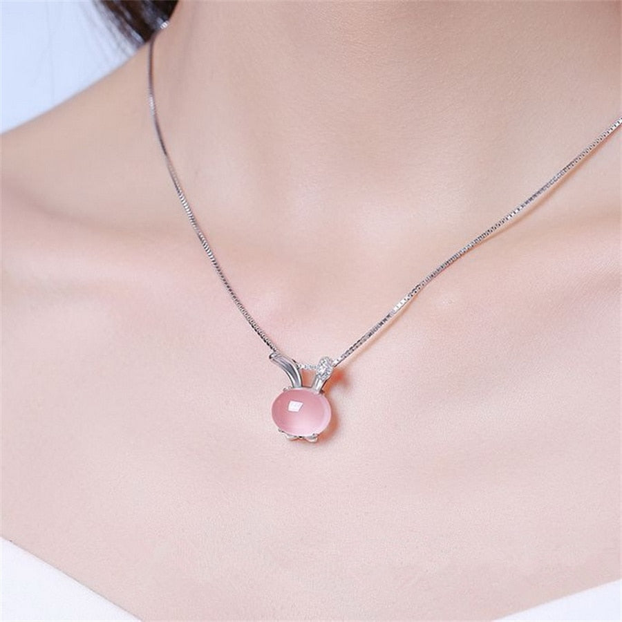 Light Luxury Opal Rabbit Pendant Necklace For Women Chinese Style Rabbit Sitting On Moon Star Animal Choker Trendy Party Jewelry