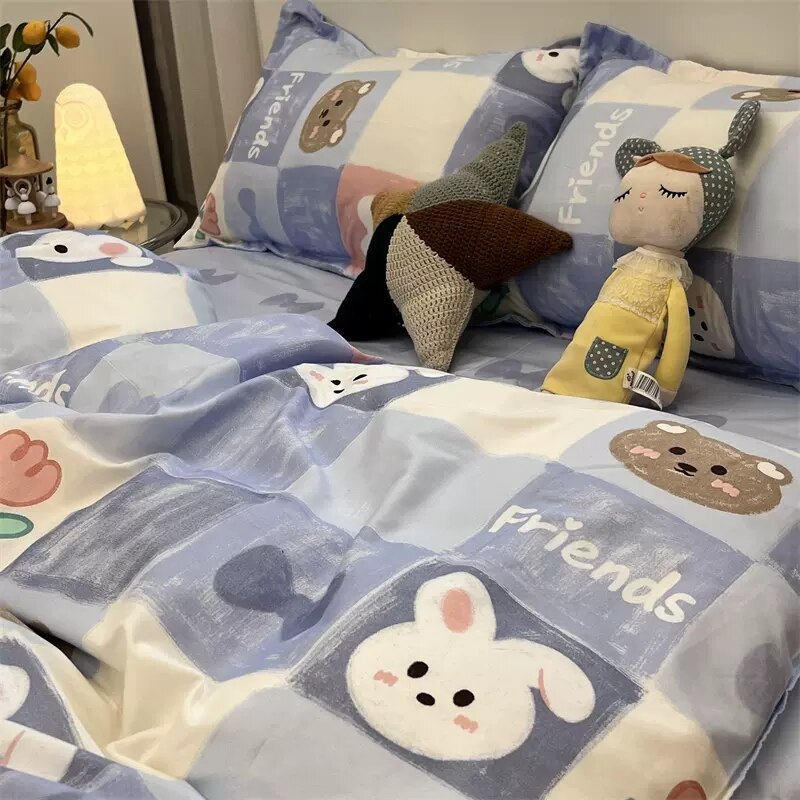 Ins Cartoon Sheep Flowers Bedding Set Duvet Cover Soft Queen King Size Flat Bed Sheet Quilt Cover Pillowcase Kawaii