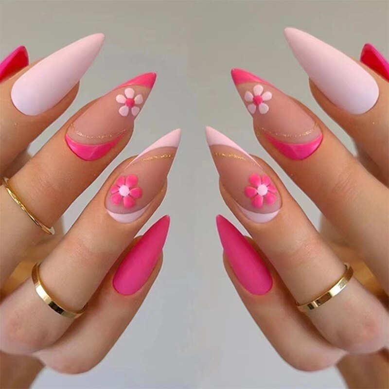 Frosted Pink Flower Short Nail Tips Almond Shaped Full Cover Fake False Tip Press On Nails Acrylic Removable Nail Art Tips-24pcs