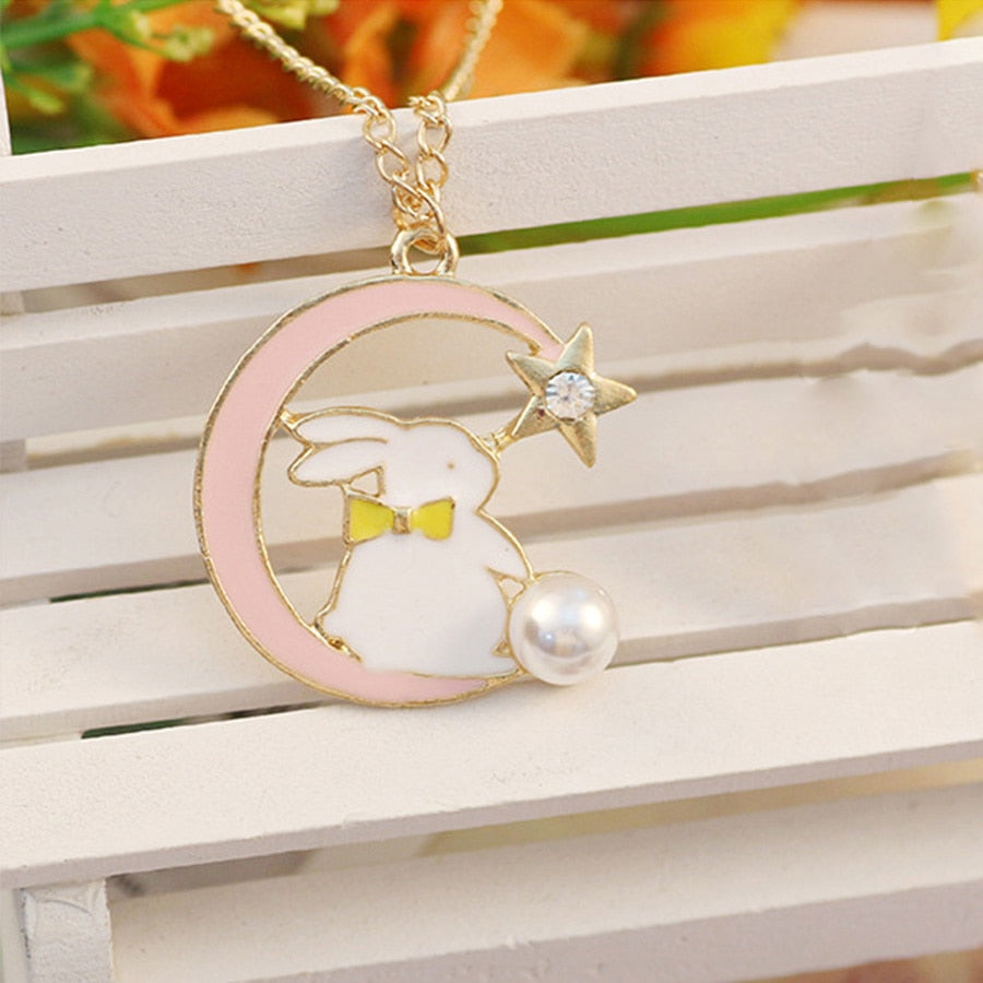 Light Luxury Opal Rabbit Pendant Necklace For Women Chinese Style Rabbit Sitting On Moon Star Animal Choker Trendy Party Jewelry