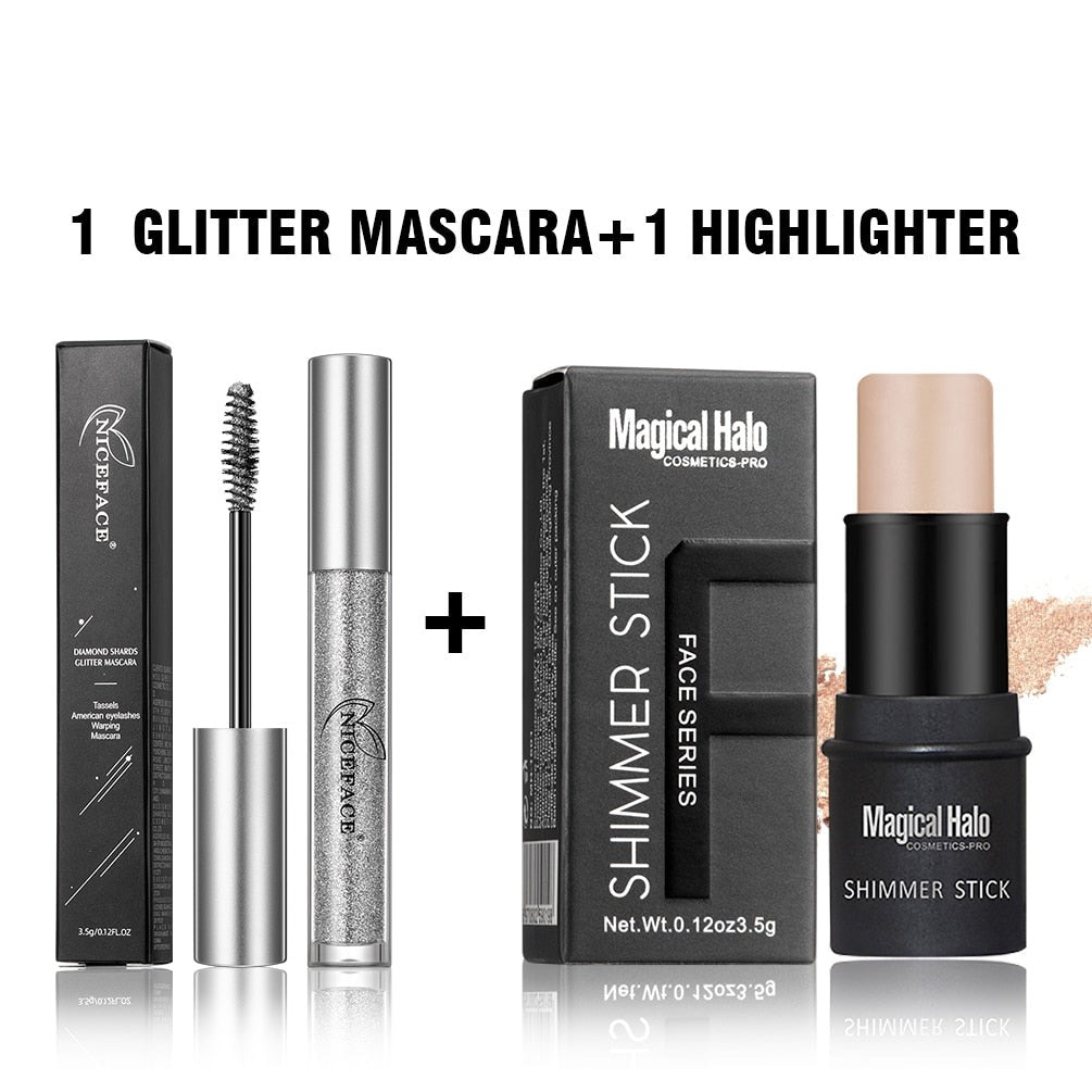 Diamond Glitter Mascara Highlighter Stick Makeup Set Contouring Bronzer For Face Eyelashes Curls Extension Lengthens Eye Lash