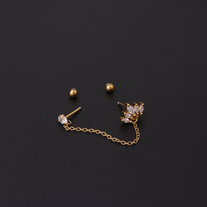 1PC Double Pierced Chain Tassel Stud Earrings for Women Ear Cartilage Tragus Piercing Jewelry Flower Zircon Screw Back Earrings