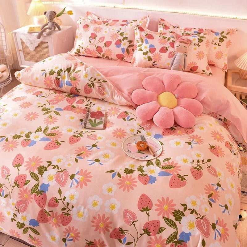 Pink Heart Bedding Set Lovely Bed Linen Sheet Duvet Cover 240x220 Single Double Queen King Quilt Covers Sets Soft Bedclothes