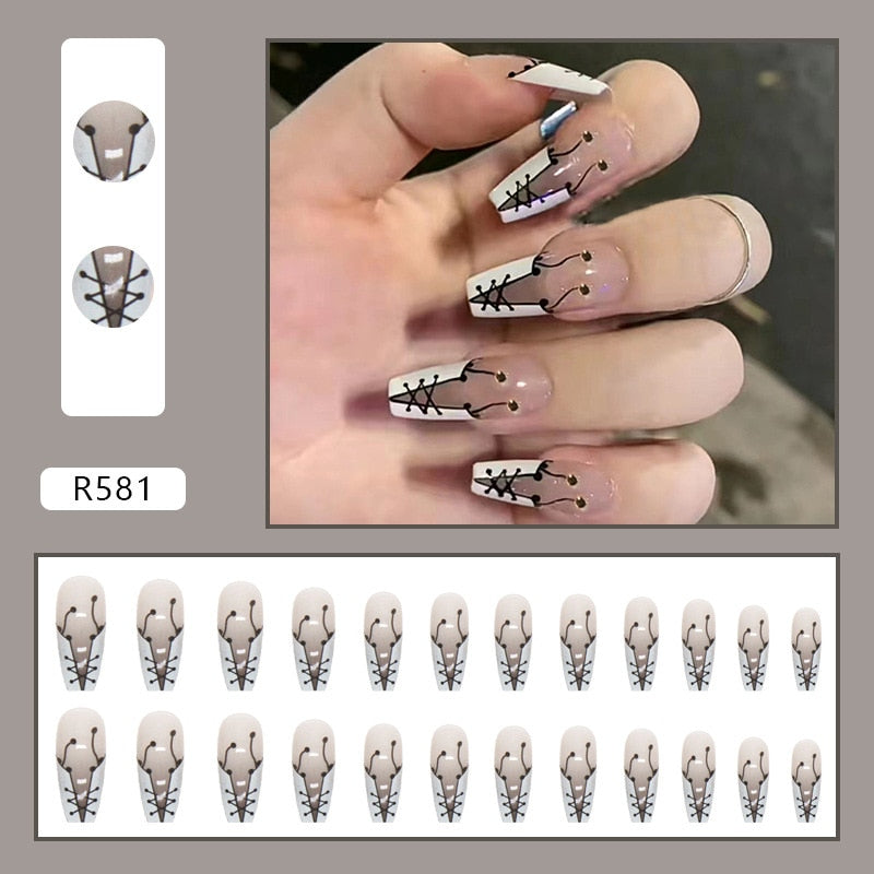 24Pcs/Set Short False Press on Nail Tip with Glue Designs Detachable Reusable Fake Nails with Glue Stick-on Nail Art DIY Tips