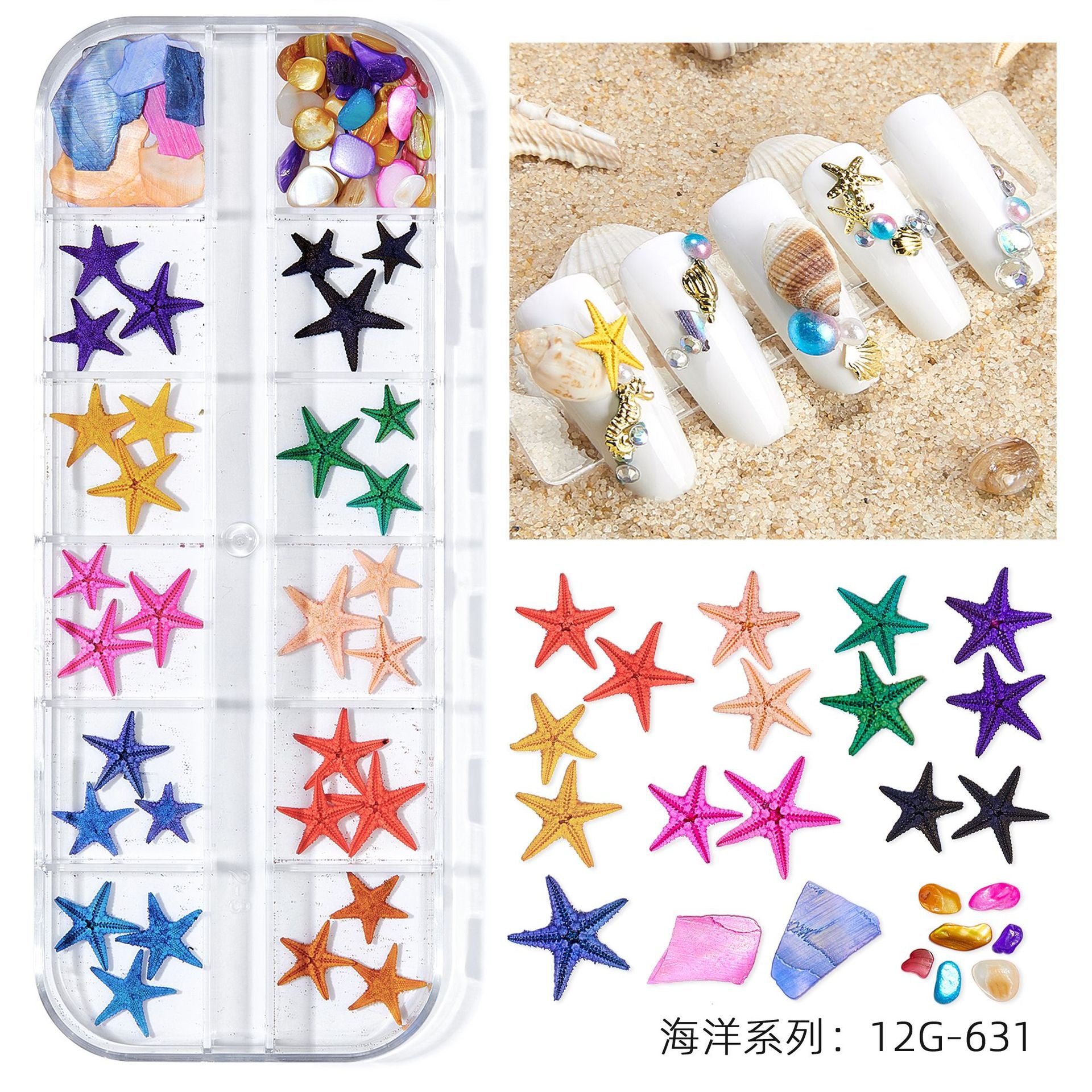 12Grids/Box Summer Marine Natural Nail Charm Design Summer Real Natural Starfish;Shell,Conch, Nail Art Rivet Decoration 2022GU#