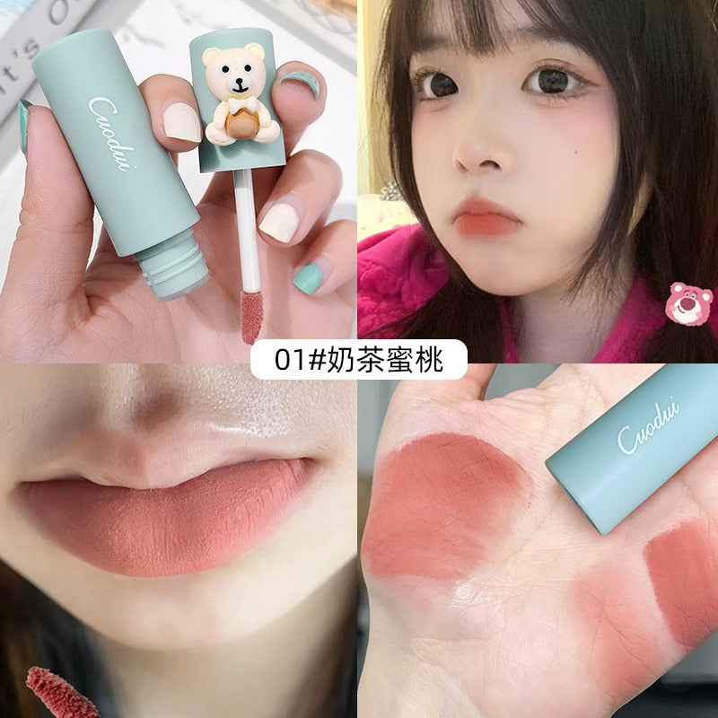 Cuodui Velvet Matte Lipstick Blush Waterproof Long Lasting Cute Bear Lipgloss Non-Stick Cup Makeup Lip Tint Mud Cosmetic Makeup