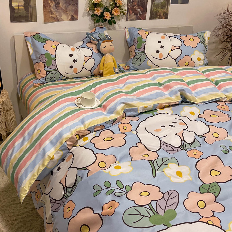 Cute Rubbit Bedding Sets Kawaii Girls Boys Polyester Bed Linen Duvet Cover Flat Sheet Pillowcase Twin Single Full Size Set