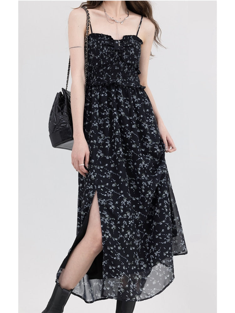 Vintage Floral Black Party Dress