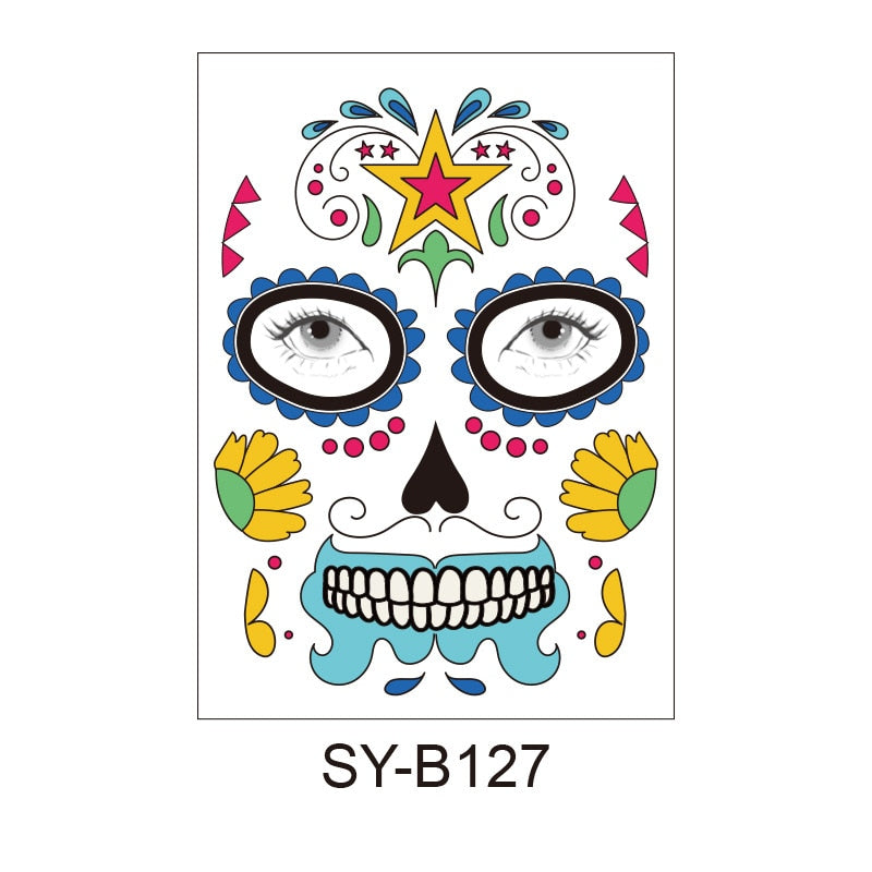 Halloween Temporary Tattoo Sticker Facial Makeup Cool Beauty Face Tattoo Waterproof Hot for Makeup party Of The Dead Skull Dress