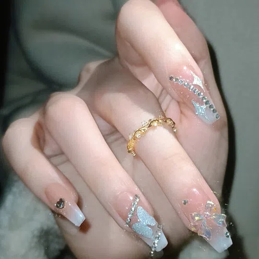 （Handmade Manicures）10 PCS Handmade Fake Nail Patch Pure Desire Wind Flash Diamond Sweet Starry Bow Detachable