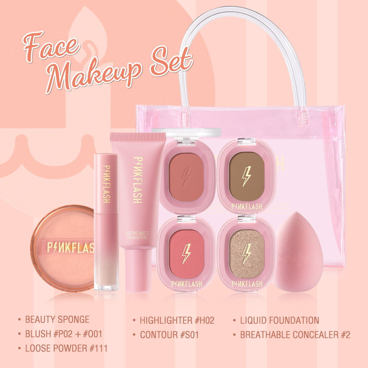 Oklulu 1 Anniversary Face Makeup Set Liquid Foundation Concealer Highlight Blush Loose Powder Women Face Beauty Cosmetics Kit