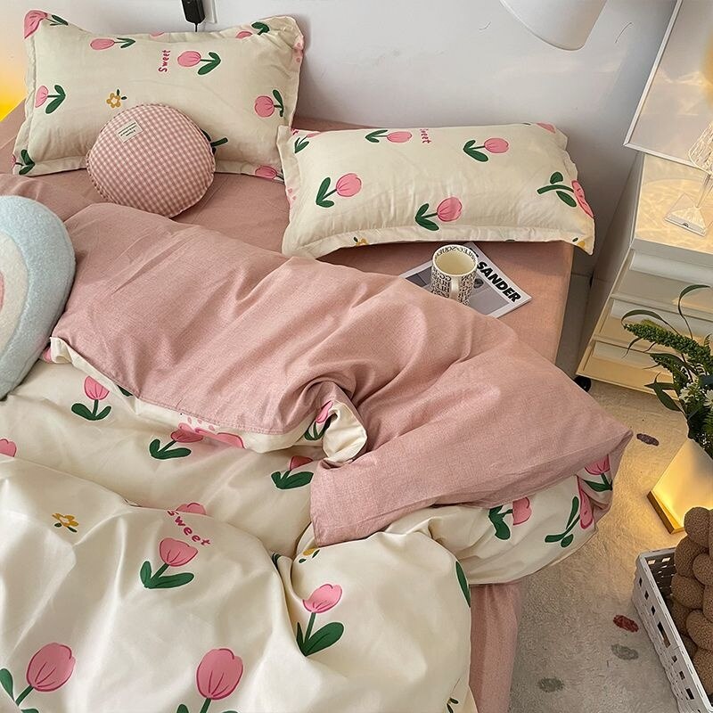 Ins Pink Tulip Bedding Set Luxury Floral Duvet Cover Flat Sheet And Pillowcase For Girl Woman Bedding Single Double Decor Home