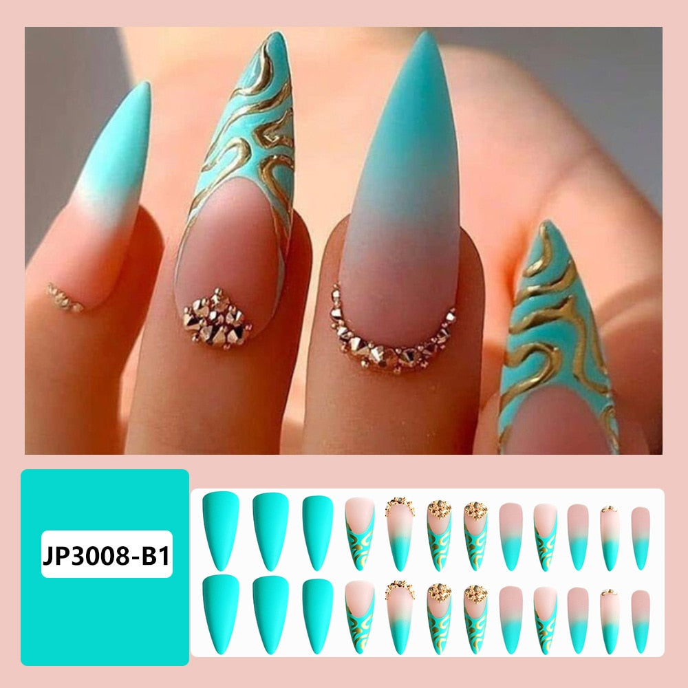 Long Stiletto False Nails Gradient light Green Wearable French Fake Nails Press On Nails Striped Diamond Design Manicure Tips