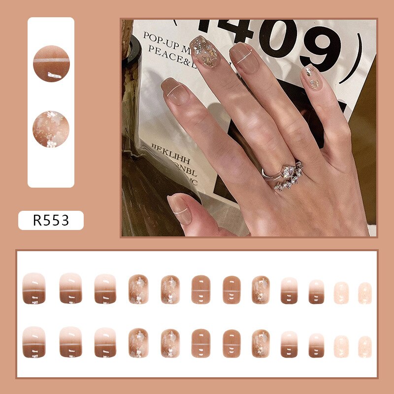 24Pcs Nail Art Artificial Fake Nails Simple Nude Color Line Milk Coffee Color False Nails Artificial Square Press on Nail Tips