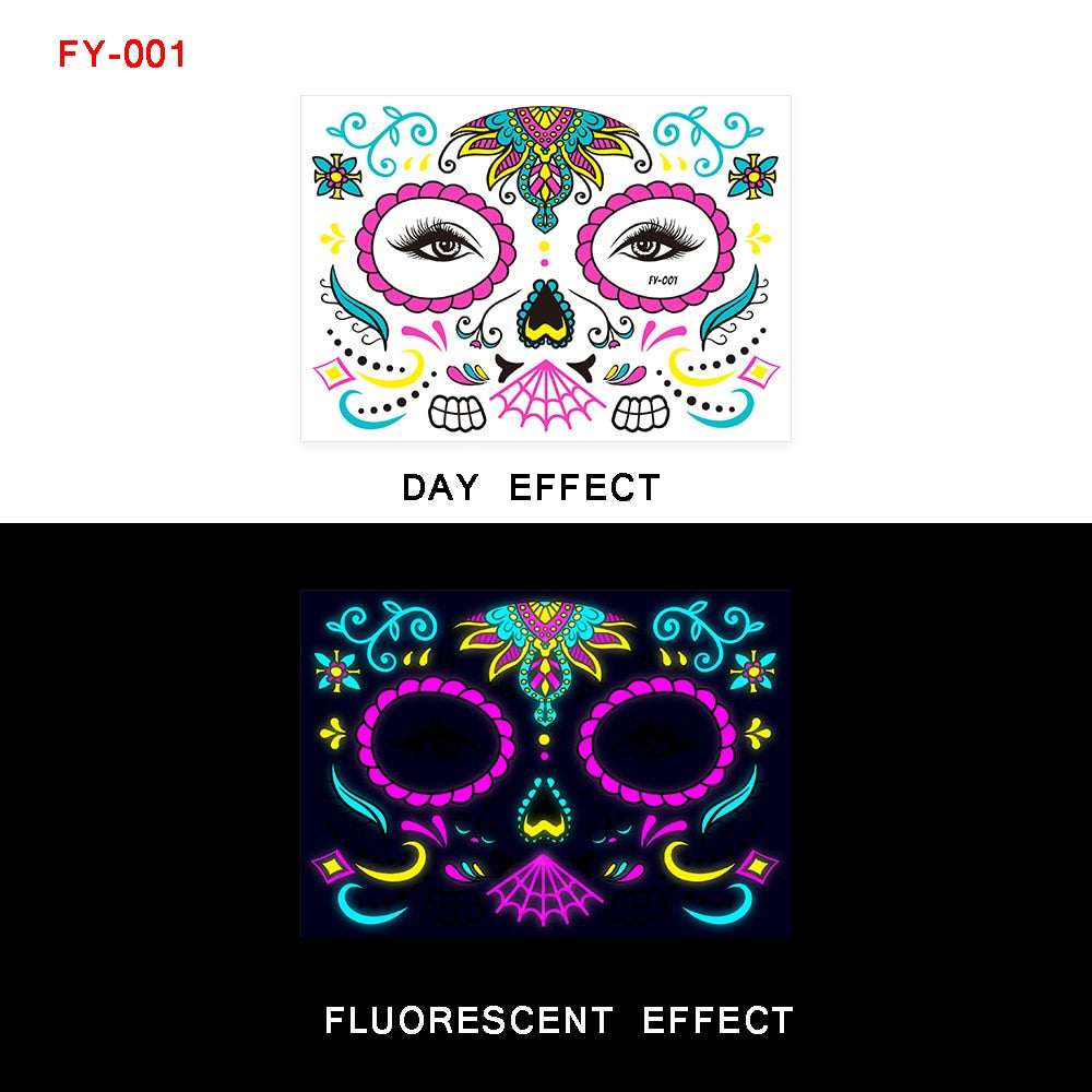 Fluorescent Halloween Face Tattoo Sticker Day of the Dead Funny Temporary Neon Face Sticker for Festival Masquerade Party Makeup
