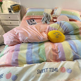 Ins Korean Rainbow Stripe Bedding Set Colorful Quilt Set 4Piece For Pink Girl Heart Simple Bed Sheet Duvet Cover Decor Home