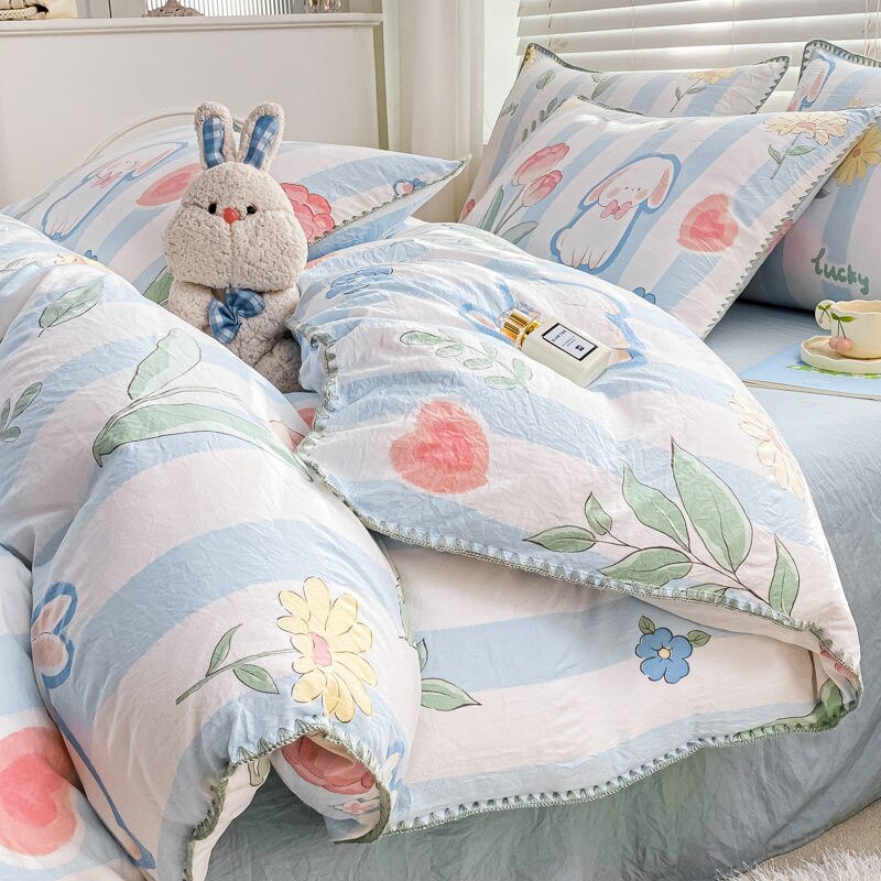 Cute Cartoon Bear Bedding Set Simple Duvet Cover Cotton Bed Linens Bed Sheets Pillowcase Single Double For Kids Decor Home