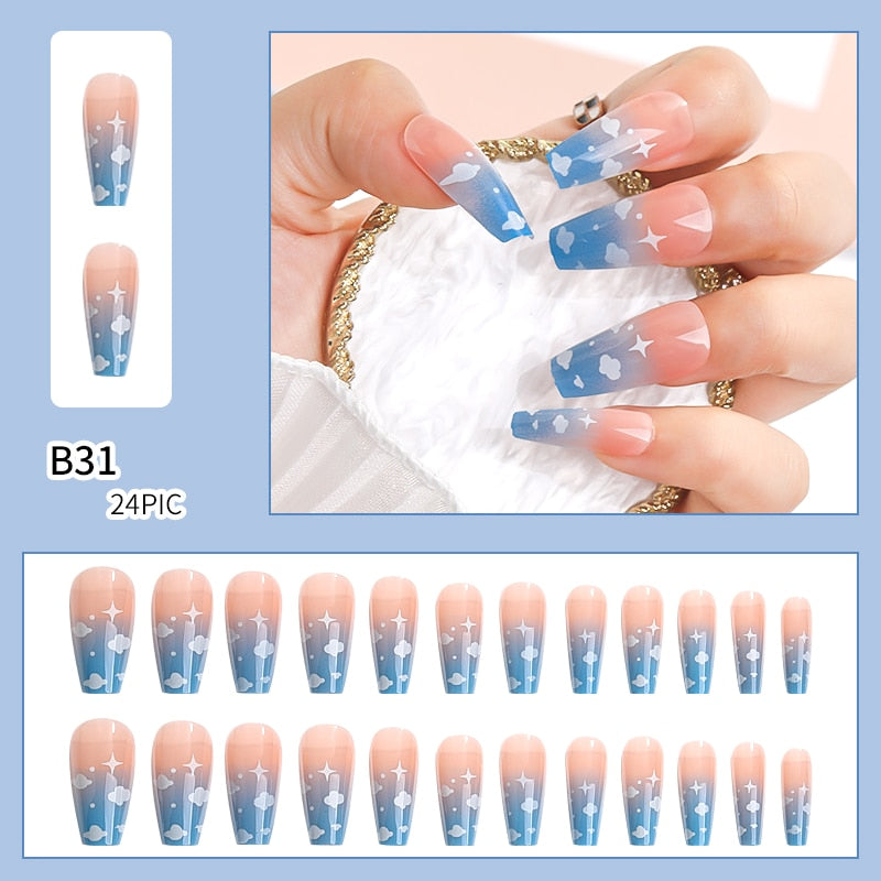 24pcs Butterfly Full Cover Wearable Press Fake Nails Art Free Gift Glue Sticker Tip Wearing Tools False Manicure Patch Paragraph