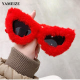 YAMEIZE Plush Glasses Women Girls Red Luxury Cat Eye Sunglasses Gradient Lens Party Glasses Female Decorate Eyewear Shades UV400