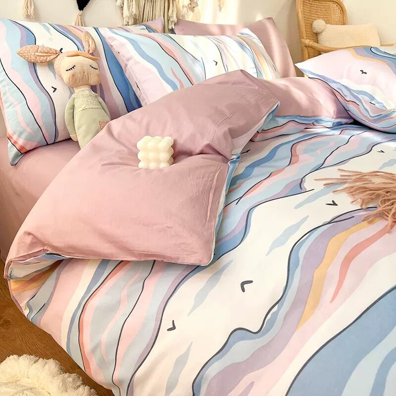 Nordic Style Stripe Print 100% Cotton Duvet Cover Set Queen Size Soft Skin Friendly Bedding Set Full Single Bed Quilt Cover Sets