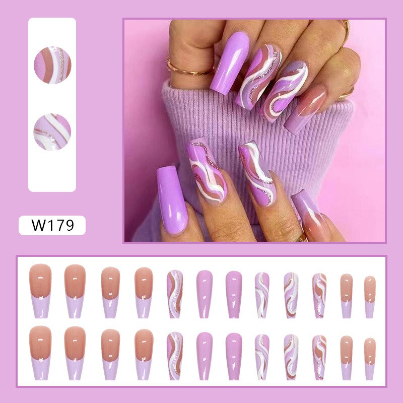 24Pcs Long Coffin False Nails Gold Glitter Sequins Designs Press On Full Cover Fake Nails Tips Wearable Manicure Art Accessories