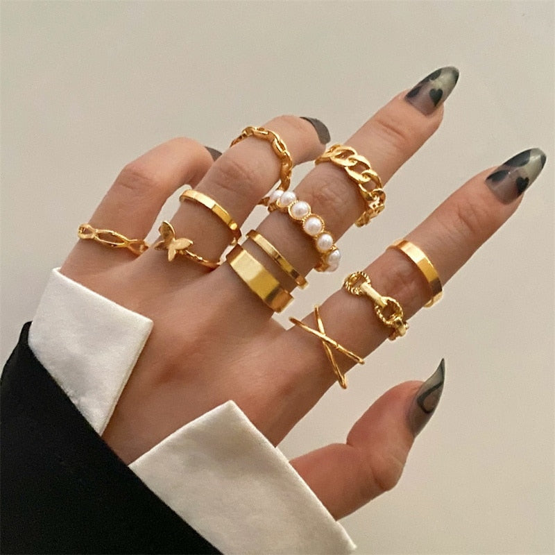 Bohemian Geometric Hollow Wide Chain Rings Sets For Women Vintage Butterfly Circle Imitation Pearls Joint Finger Rings Jewelry