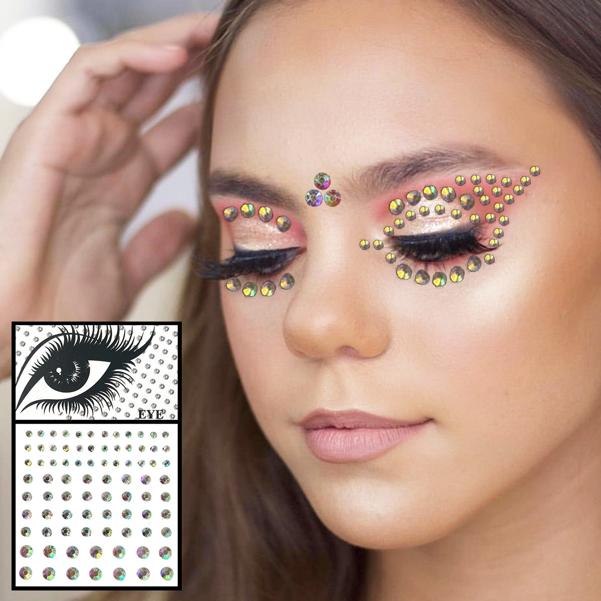 Pink Flower Star Heart Face Gems Temporary Tattoos Eyes Eyebrow Diamonds Jewels Sticker Glitter Crystals Jewelry Halloween Rave