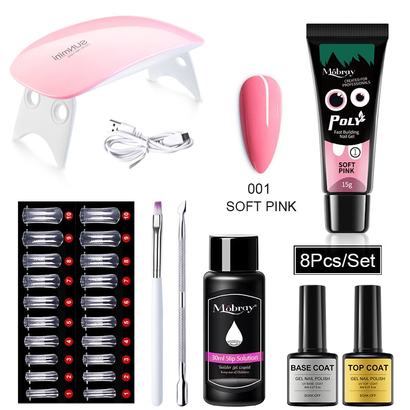 Poly Nail Gel Kit UV LED Nail lamp Nail Extension Gel Glitter Soak Off Varnish Nail Art Set with Slip Solution Manicure Tools