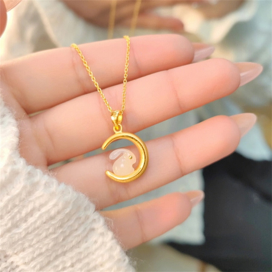 Light Luxury Opal Rabbit Pendant Necklace For Women Chinese Style Rabbit Sitting On Moon Star Animal Choker Trendy Party Jewelry