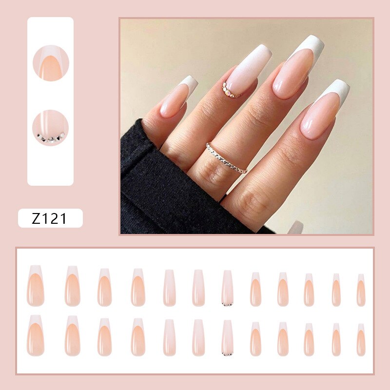 24pcs False Nails Nude Gradient Nail Patch Rhinestone Inlaid Press On Nails Removable Long Paragraph Fashion Manicure nail tips