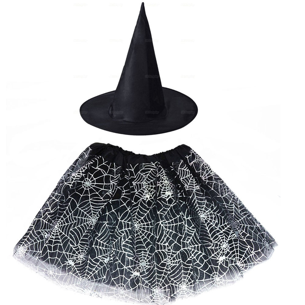 Halloween Costume for Kids Girls Spider Web Tutu Cobweb Skirt Witch Wizard Hat Tulle Carnival Birthday Party Outfits Festival