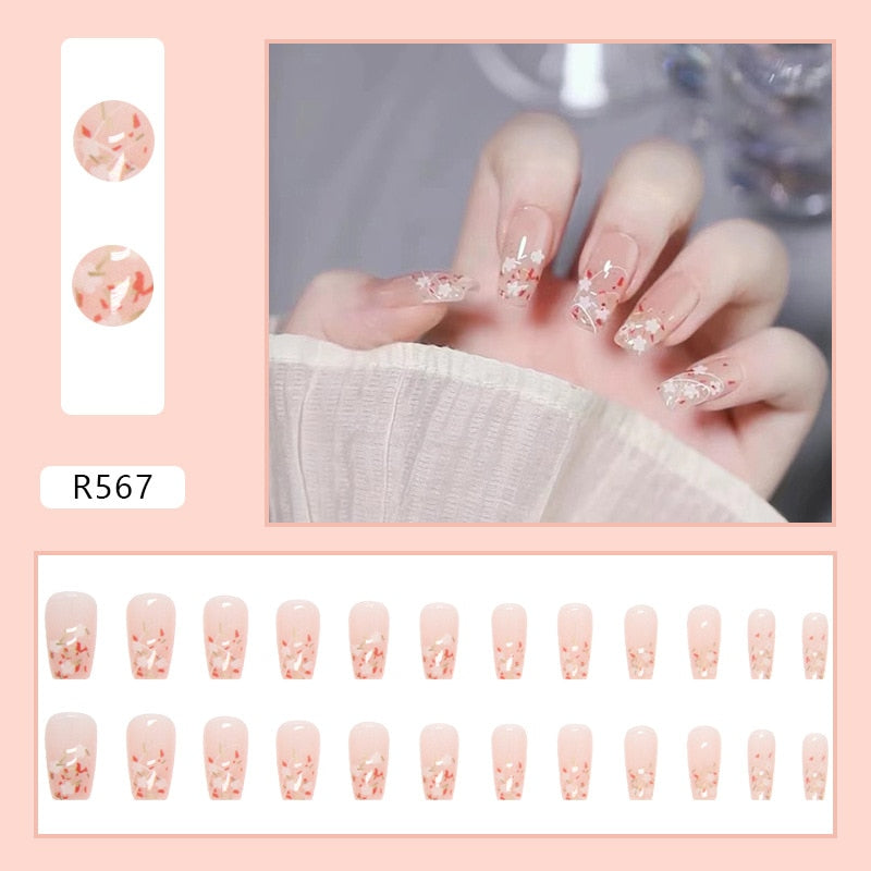 24Pcs/Set Short False Press on Nail Tip with Glue Designs Detachable Reusable Fake Nails with Glue Stick-on Nail Art DIY Tips