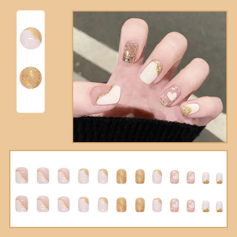 24Pcs Shiny Pink Short False Nails Detachable Press on Nails with Glue Acrylic Fake Nails Star Love Flower Pattern Nail Art Tips