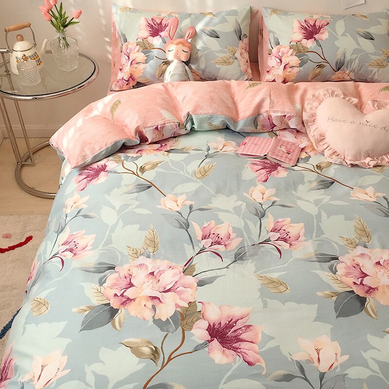 Vintage 100% Cotton Bed 4PCS Set of Textile Supplies Floral Luxury Pillowcase Sheet Quilt Cover 200x230cm Double Bed Single Bed