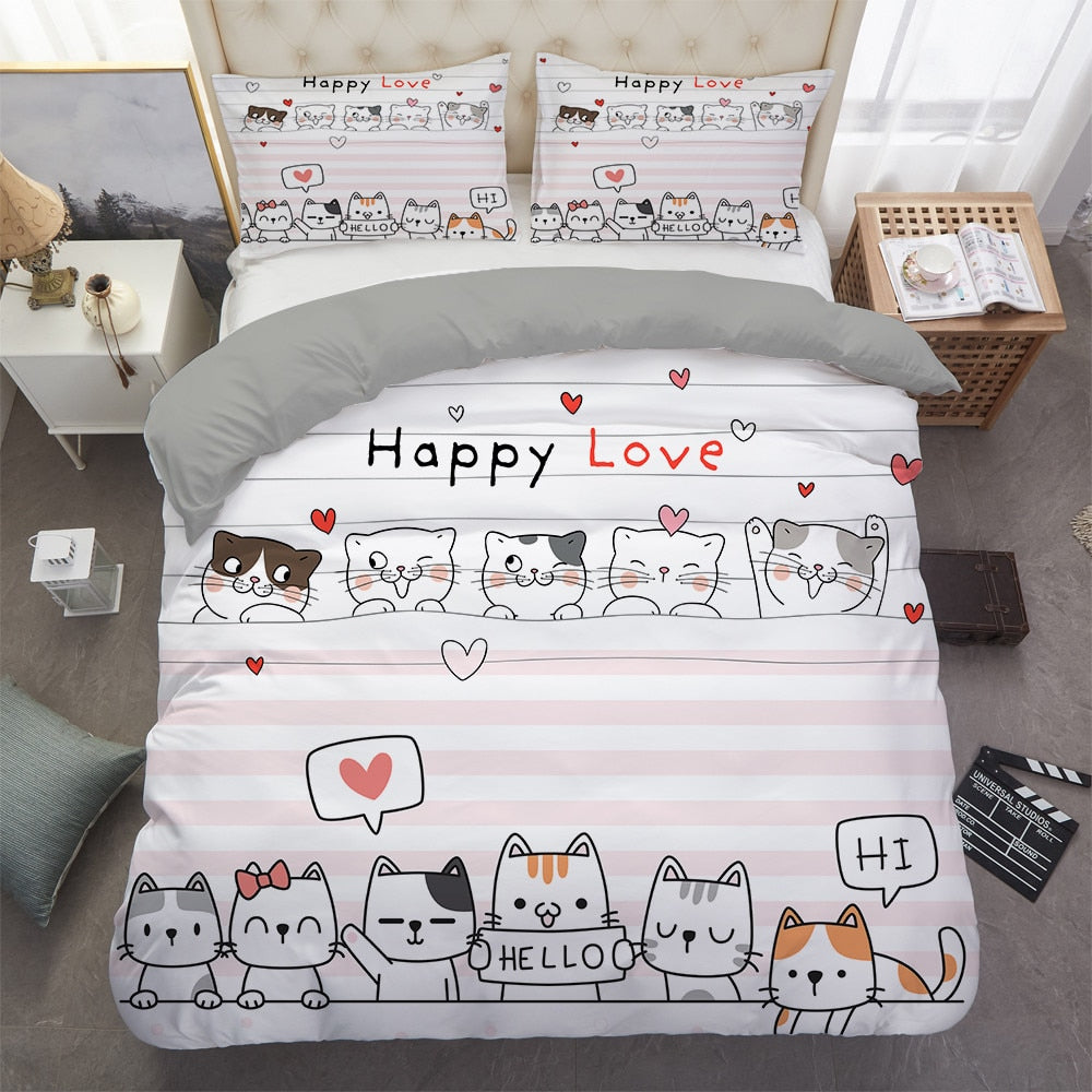 Home Textile Cartoons Cute Cat Quilt Cover Polyester Duvet Cover Pillow Case Boy Girl 2/3Pcs Bedding Set King Queen Twin Size