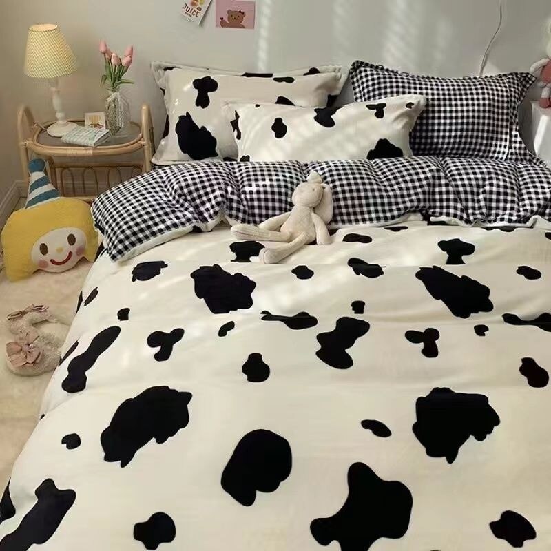 Korean Style Bedding Set Twin Queen Size Cute Cream Cherry Duvet Cover Flat Sheet Pillowcase Polyester Princess Girl Bed Linen