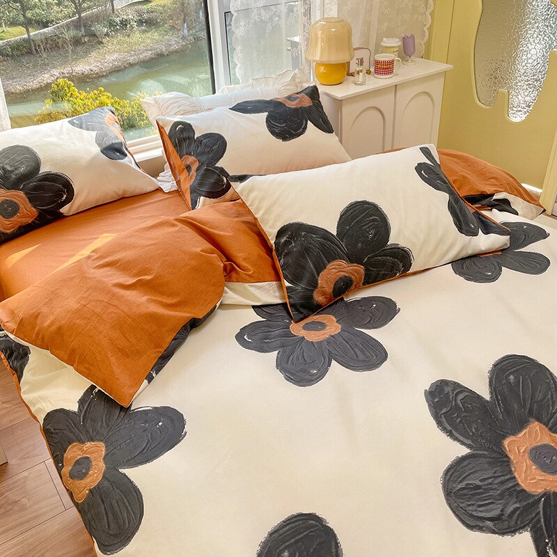 Flowering Plant Print Queen Bedding Set Cotton Soft Comfortable Duvet Cover Set with Sheets Skin Friendly Comforter Bedding Sets