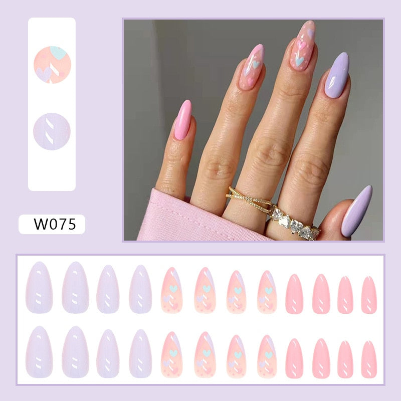 Simple French Wearable False Nails Almond Colorful Stripes Colorblock Design Manicure Fake Nails Line Full Cover Press On Nail