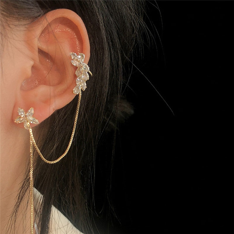 Korea Gold Color Flower Chain Tassel Drop Earrings For Women Bird Rabbit Leaf Airplane Long Piercing Line Earrings Party Jewelry