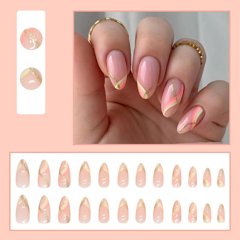 24Pcs Mid-length Fake Nails with Butterfly Design Almond Wavy Lines False Nails Wearable Press on Nails Full Cover Nail Tips