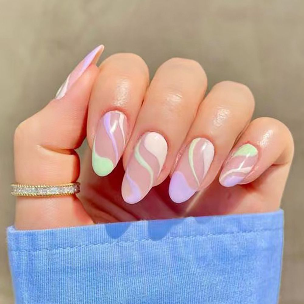 24Pcs Oval Head False Nails Pink Almond Artificial Fake Nails With Glue Full Cover Nail Tips Press On Nails DIY Manicure Tools