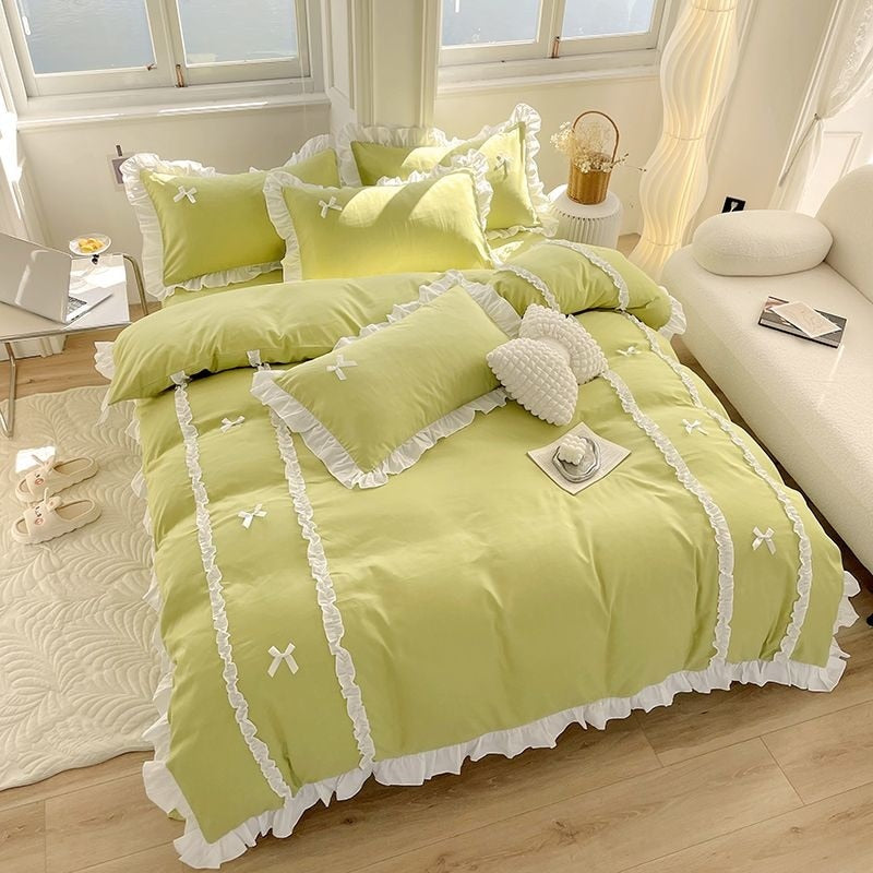 Korean Princess Style Bedding Sets Ins Lace Bowknot Duvet Cover Fitted Sheet For Girl Woman Home Bedroom Kawaii Bed Linens